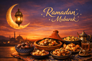 Repas d’iftar du Ramadan avec dattes et plats traditionnels favorisant la digestion